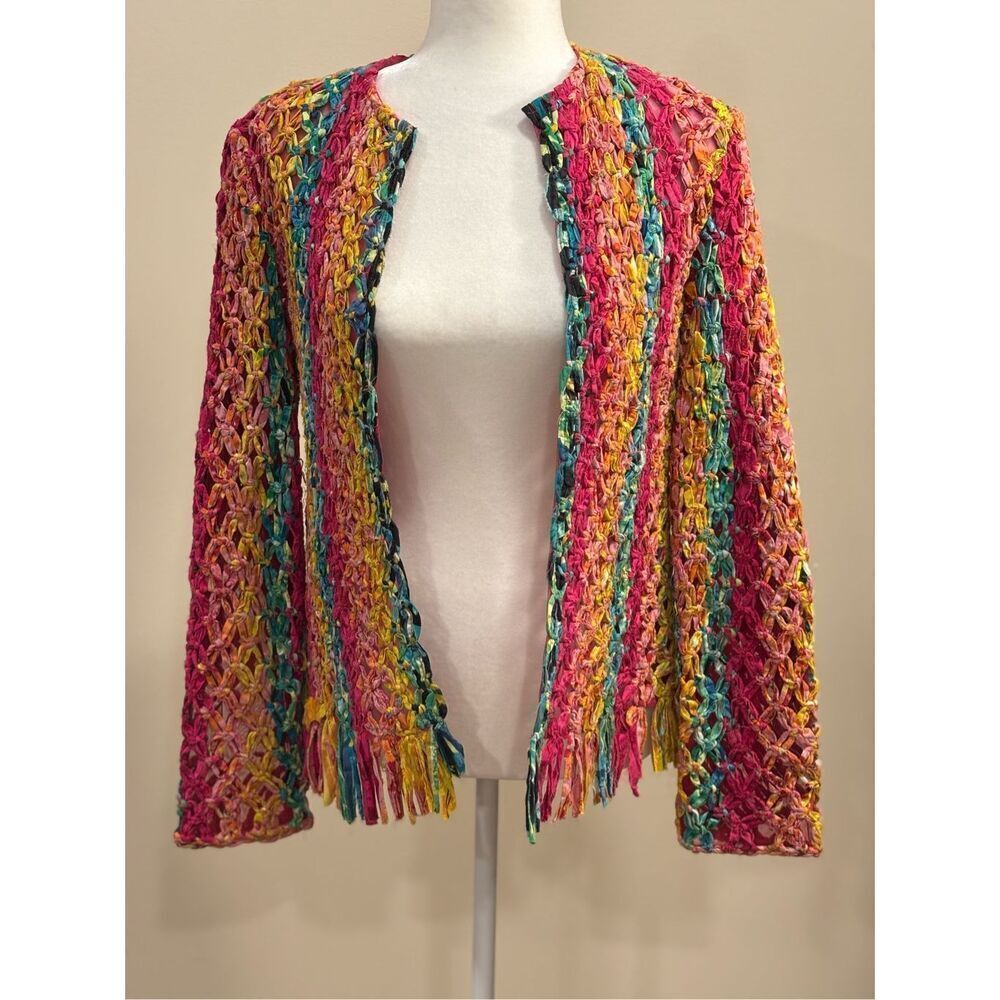 Vintage/Vtg Sandy Starkman Women's Knotted Woven Mesh Fringe Coat Multicolor Sma